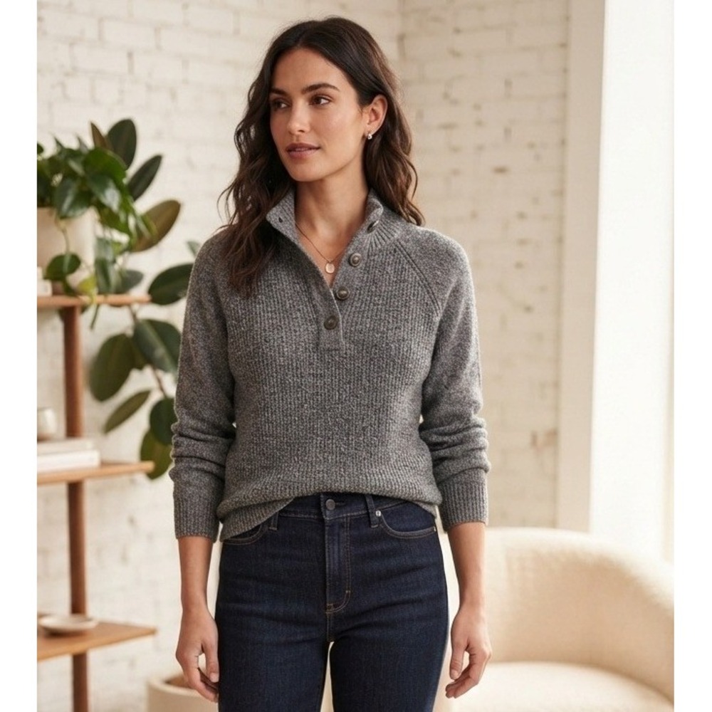 Weatherproof Vintage Henley Sweater Women's M Mock Neck Gray Cotton Knit Travel